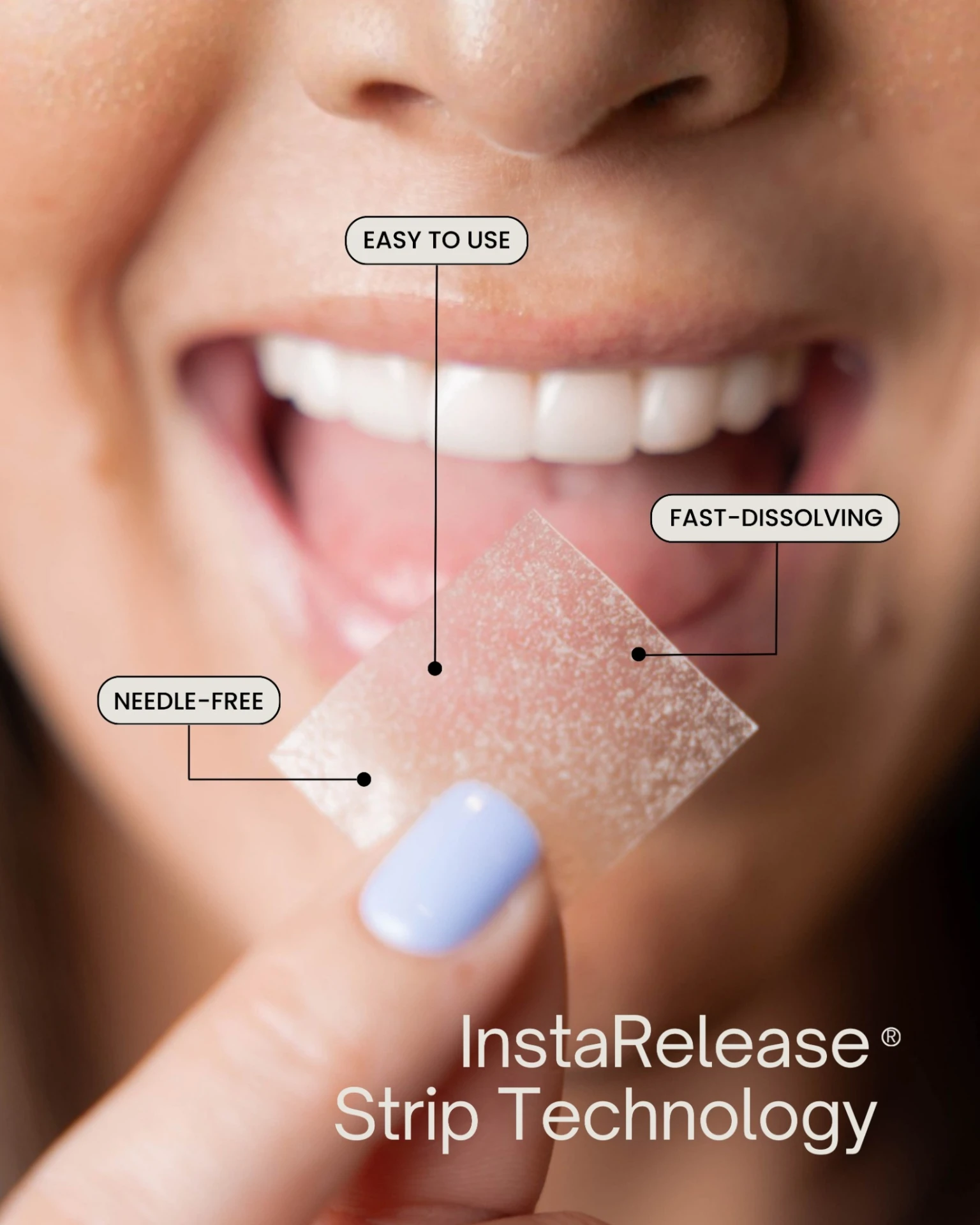 InstaMed oral dissolving strip held between fingertips